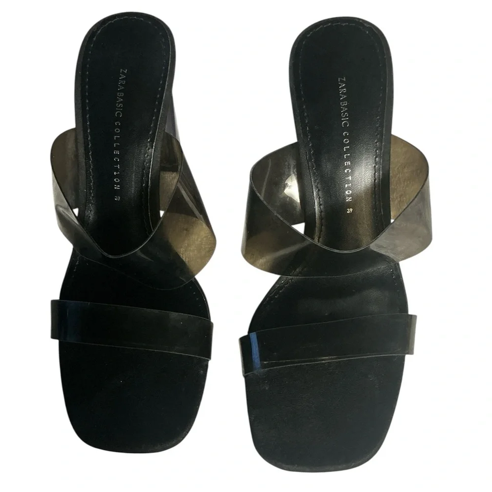 Zara Black Transparent Square Toes Vinyl Straps Square Sandals Size 39 US 8.5 - Picture 2 of 11